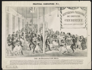 Engraving of dancing Black and white adults at a formal event.