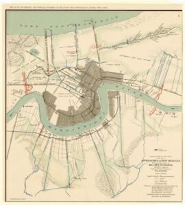 Historic map with a river at top and historic fort identified.