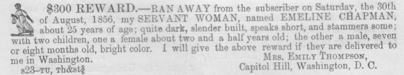 Printed newspaper ad for the return of a self-liberating African American woman. 