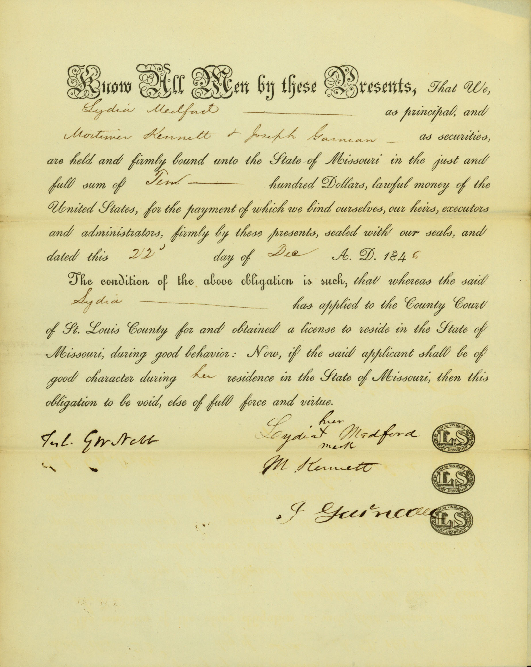 Historic official document allowing a free African American woman entry into Missouri.